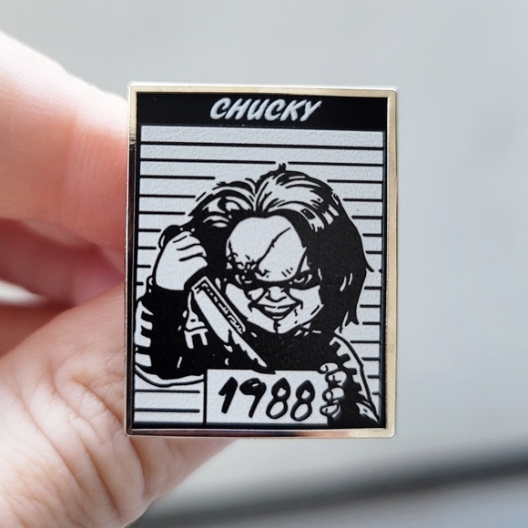 ENAMEL LAPEL PIN | PERFECT CHUCKY MUG SHOT FROM 1988 | Black Horror Metal Pin
